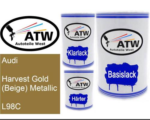 Audi, Harvest Gold (Beige) Metallic, L98C: 500ml Lackdose + 500ml Klarlack + 250ml Härter - Set, von ATW Autoteile West.